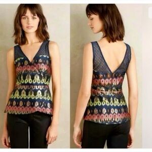 Anthropologie HD Paris womens blouse 12 large Yana Jacquard Peplum Blue Metallic